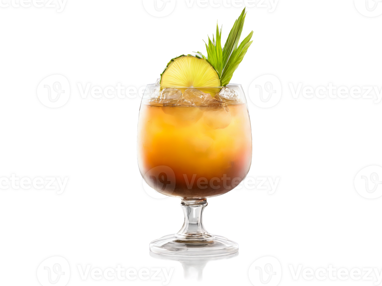 A glass dome enclosing a deconstructed Mai Tai its elements like a Polynesian fantasy isolated png