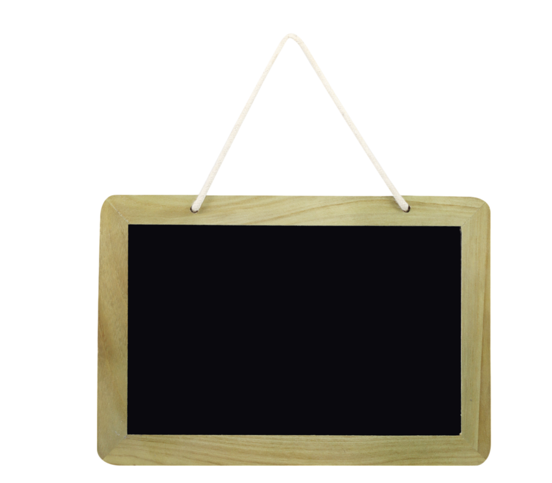 Blank wooden framed chalkboard hanging on transparent background png