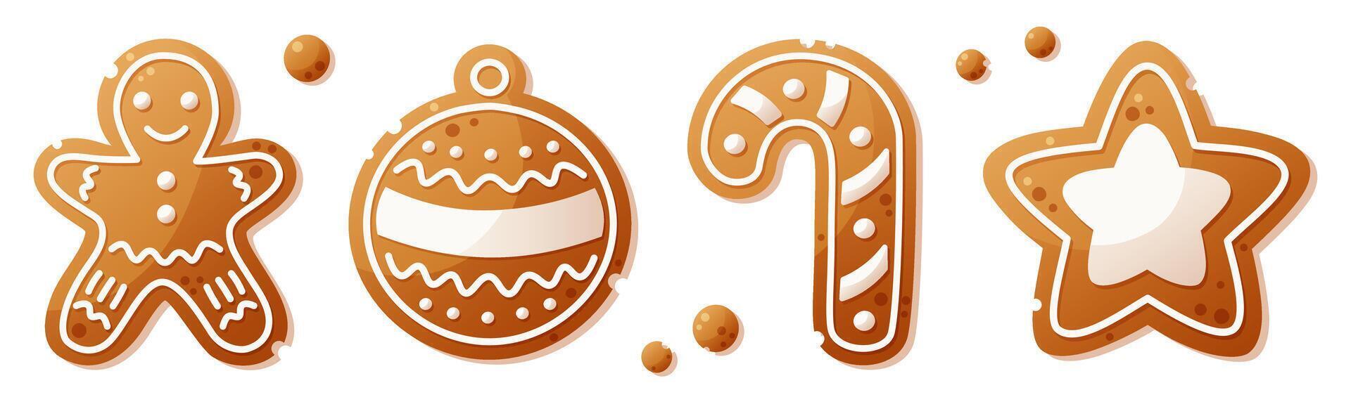 A large set of gingerbread cookies of different shapes. Gingerbread man, Christmas tree ball, Christmas candy, star. Christmas gingerbread, New Year cookies decorated with white icing. vector