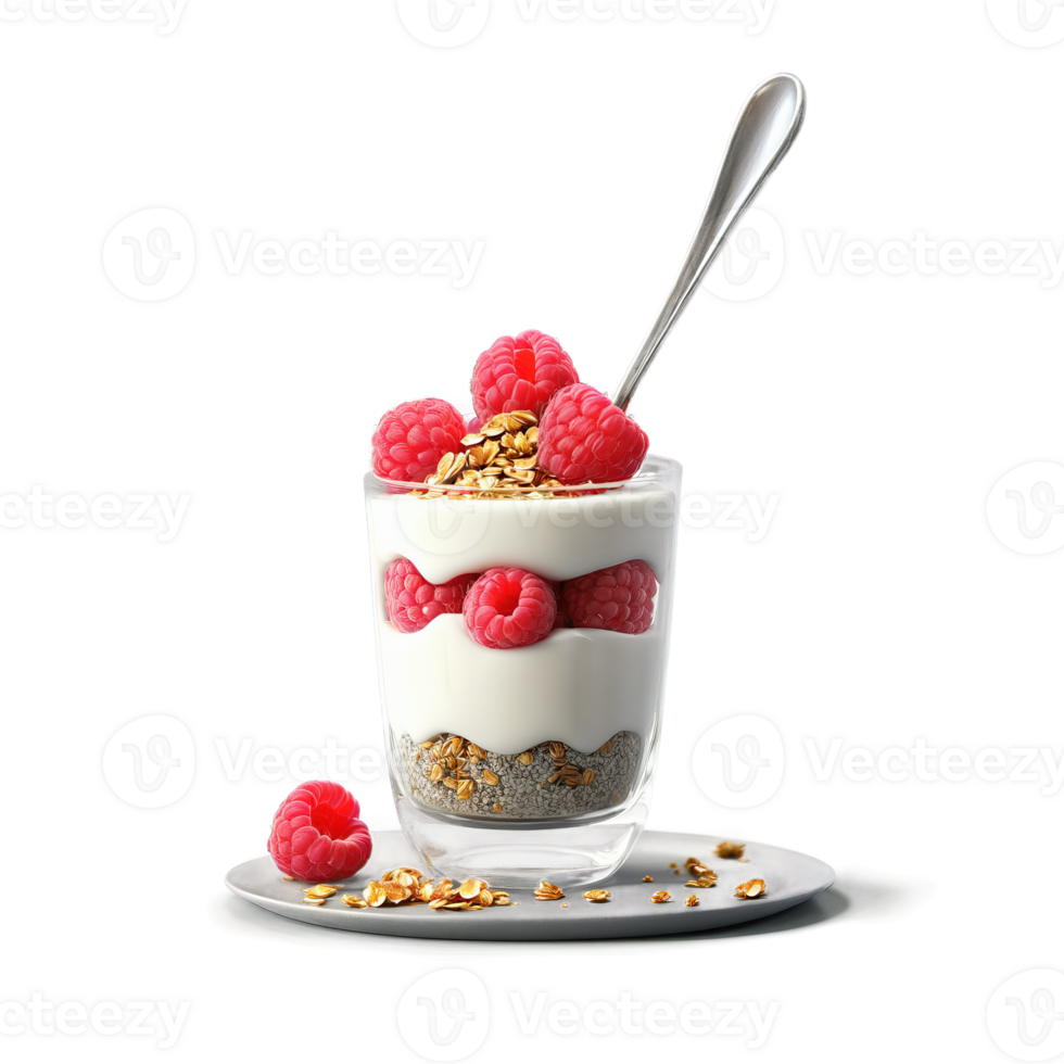 Breakfast parfait with layers of vanilla yogurt granola and fresh raspberries topped with a drizzle png