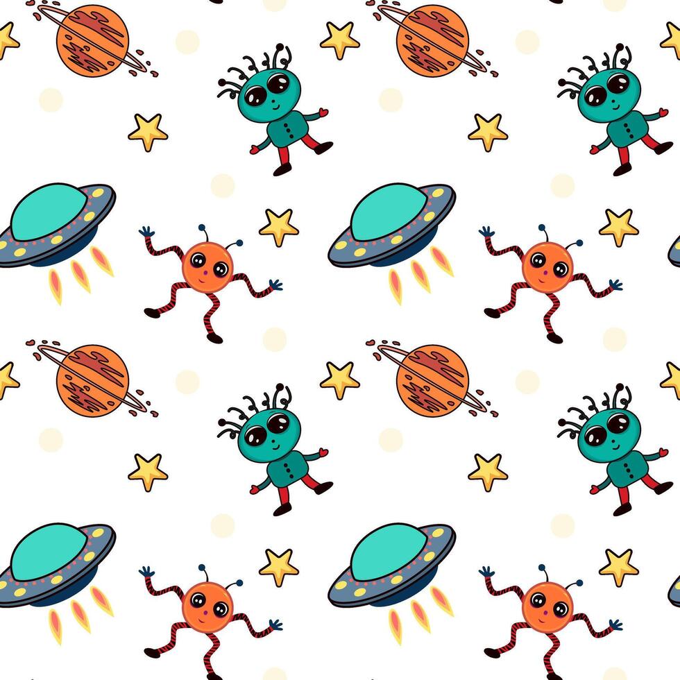 Seamless childish space pattern with funny aliens, Flying Saucers, stars, planets on white background. For children's textiles, wrapping paper, fabric, nursery, wall, book cover, textile, cards. vector