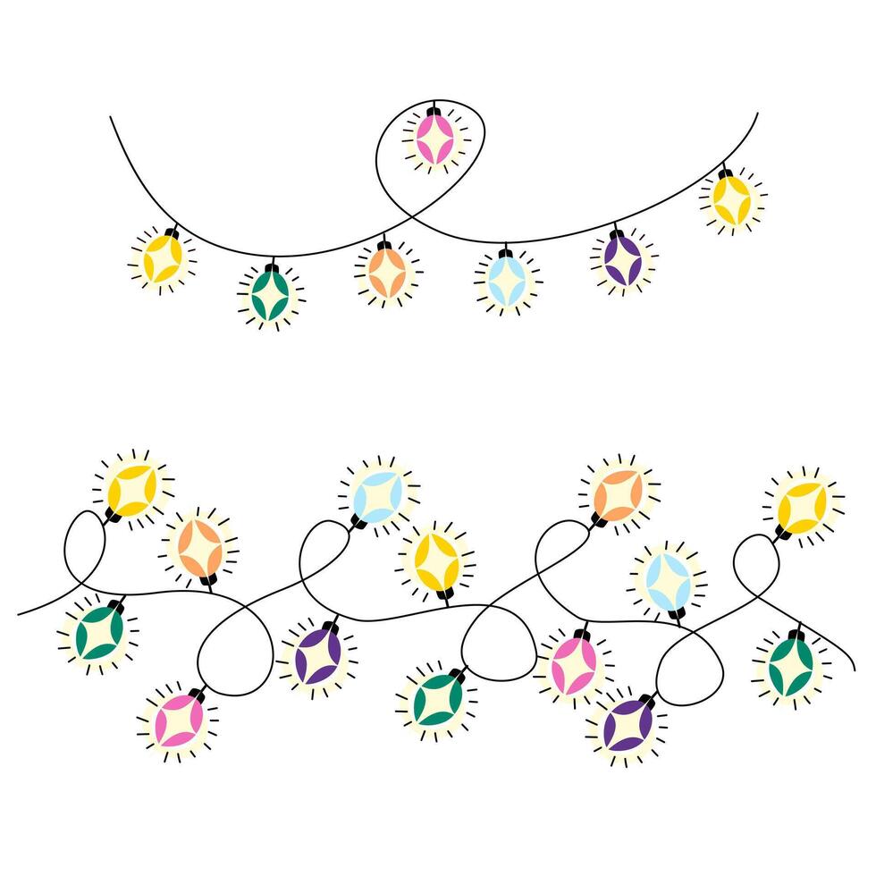 Bright festive lights on a white background. Garlands with vibrant bulbs. Christmas and New Year s greeting card designs. element for winter holiday decorations. vector