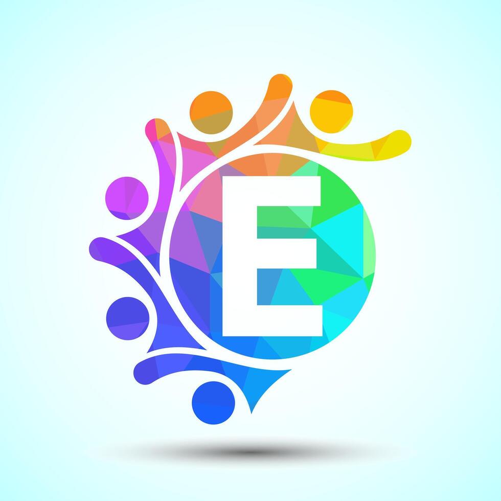 Initial alphabet E with connecting people. Team, cooperation logo sign symbol vector