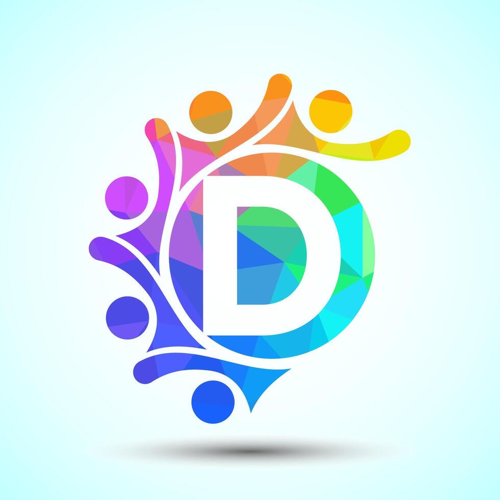 Initial alphabet D with connecting people. Team, cooperation logo sign symbol vector