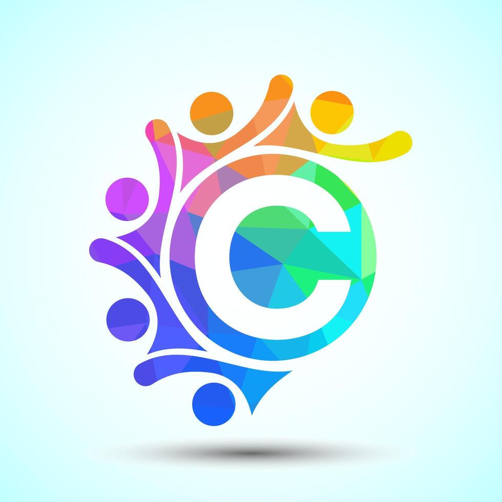 Initial alphabet C with connecting people. Team, cooperation logo sign symbol vector
