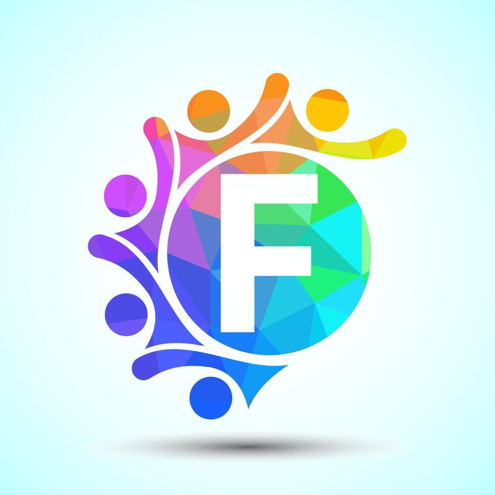 Initial alphabet F with connecting people. Team, cooperation logo sign symbol vector