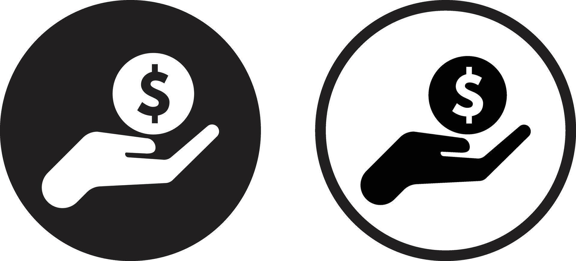 Money in hand icon set in two styles . Money save icon . Dollar sign on hand . Donation funding icon vector