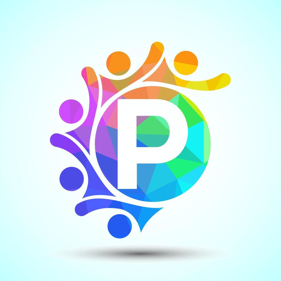 Initial alphabet P with connecting people. Team, cooperation logo sign symbol vector