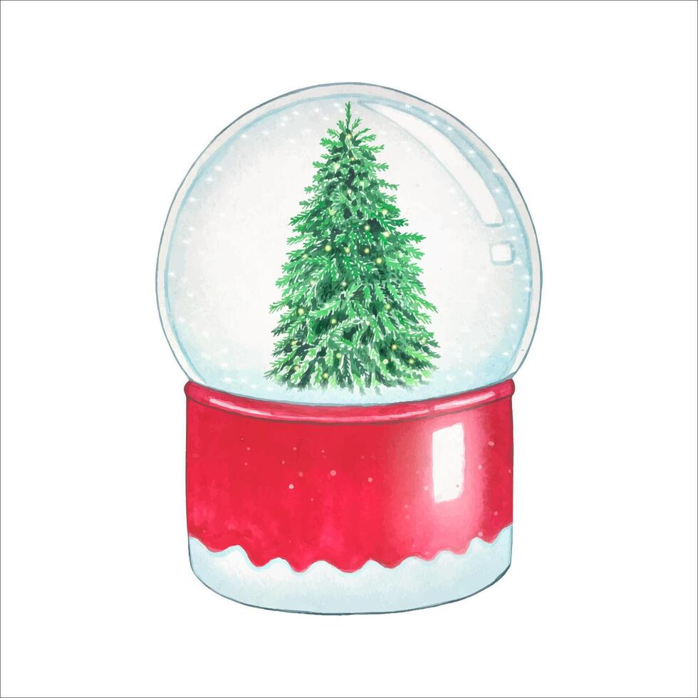 Hand drawn red snow globe with Christmas tree. Watercolor illustration vector