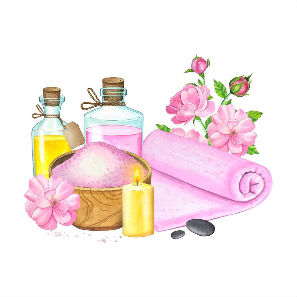 Spa composition with towel, candle, mortar with salt, bottles, roses. Hand drawn watercolor illustration vector