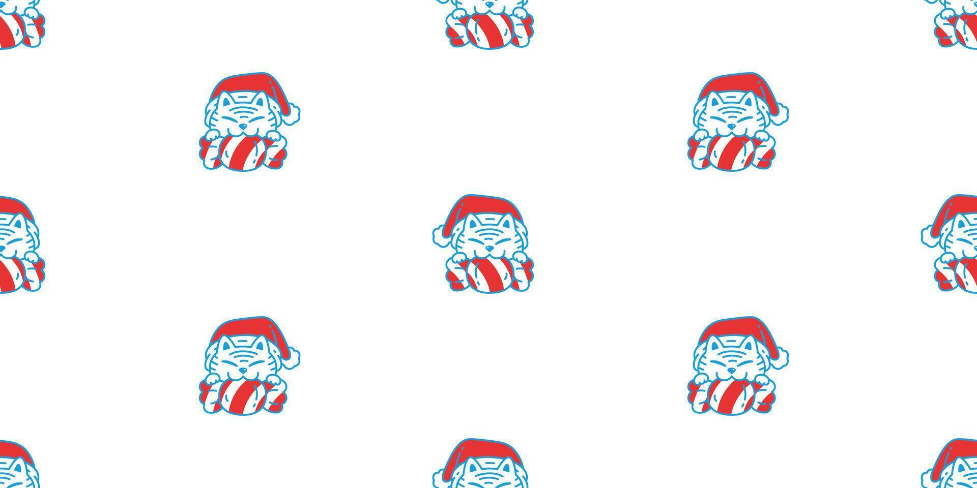 cat seamless pattern Christmas Santa Claus hat kitten calico neko candy pet doodle cartoon gift wrapping paper tile background repeat wallpaper illustration scarf isolated design vector