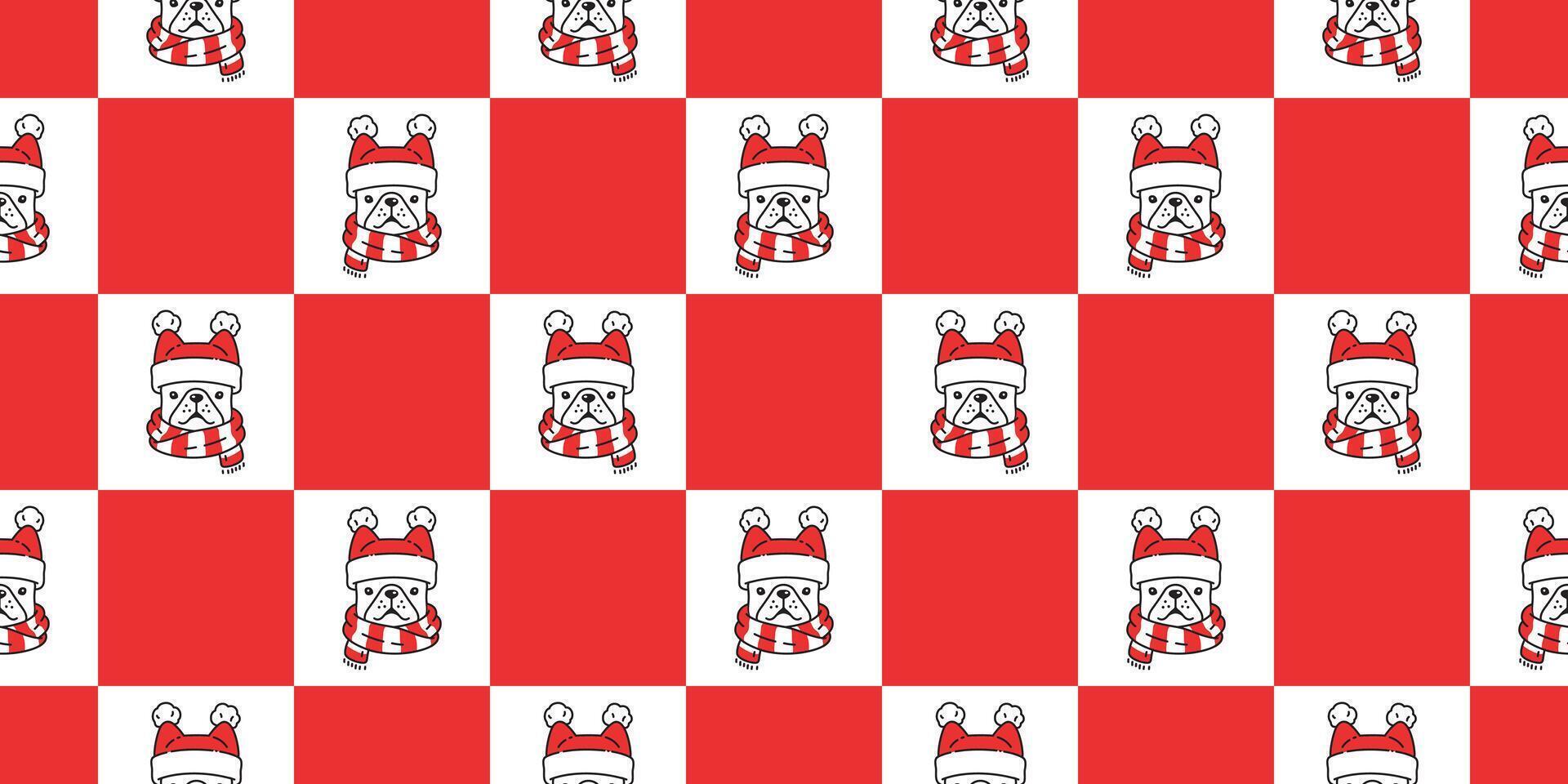 dog seamless pattern french bulldog Christmas scarf Santa Claus hat puppy pet doodle cartoon checked tartan plaid gift wrapping paper tile background repeat wallpaper illustration scarf isolate vector