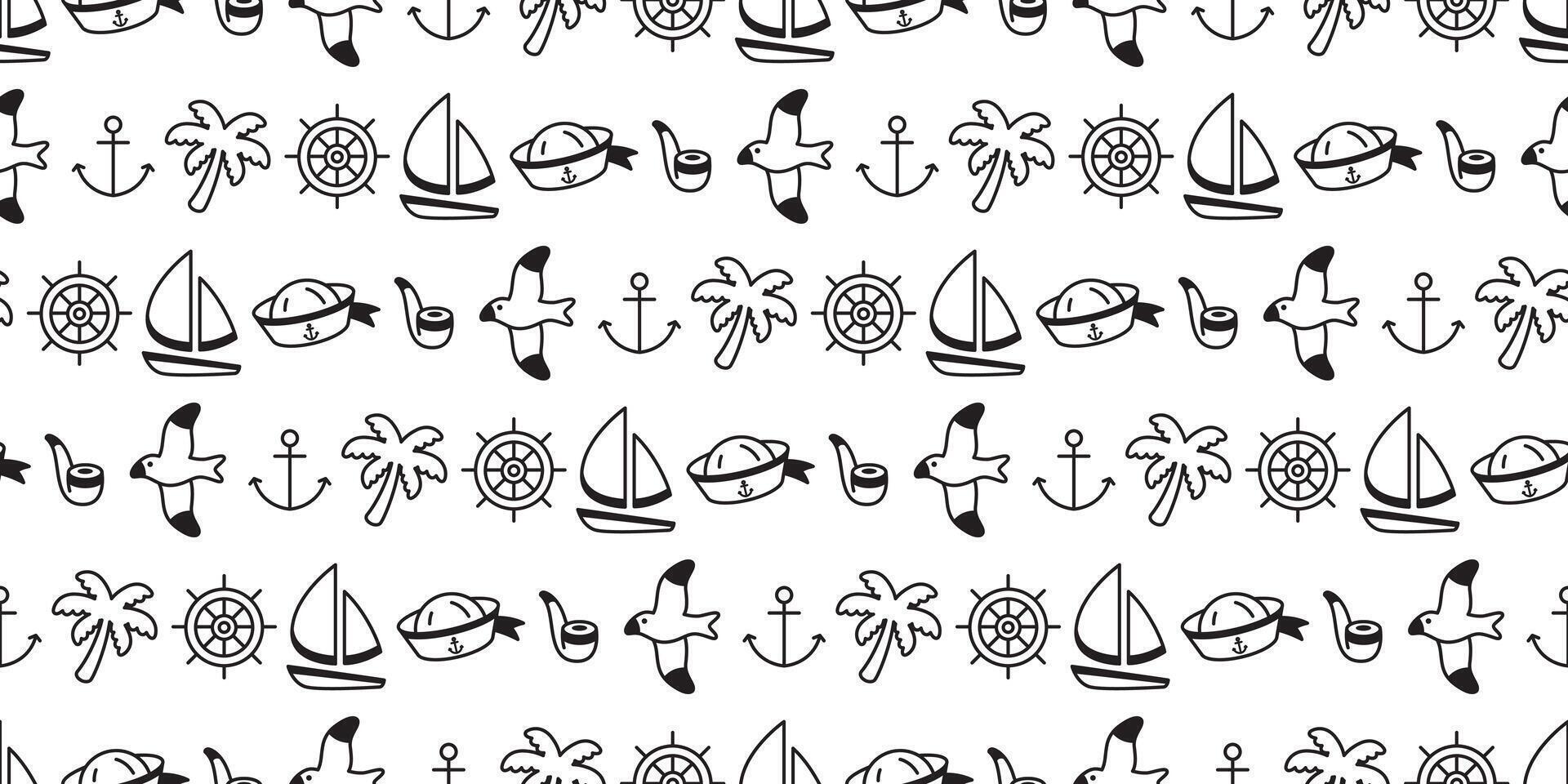 Anchor seamless pattern boat sailor palm tree squid bird helm seagull pirate maritime Nautical sea ocean gift wrapping paper tile background repeat wallpaper illustration design scarf isolated vector