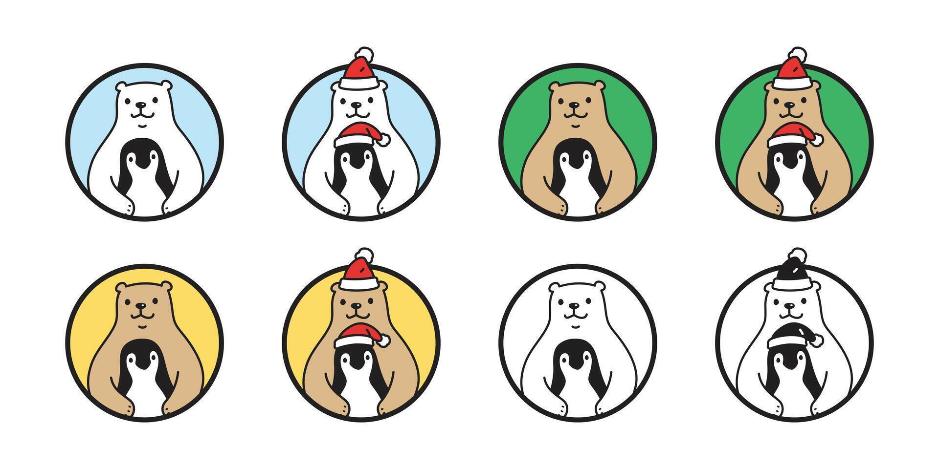 Bear polar santa claus hat penguin christmas icon pet bird cartoon character symbol tattoo stamp illustration isolated clip art design vector