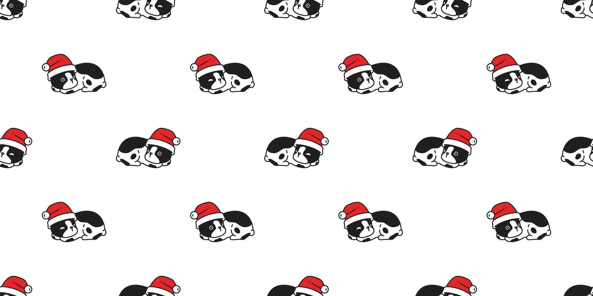 dog seamless pattern french bulldog Santa Claus hat Christmas sleeping cartoon puppy pet doodle gift wrapping paper tile background repeat wallpaper illustration scarf isolated design vector