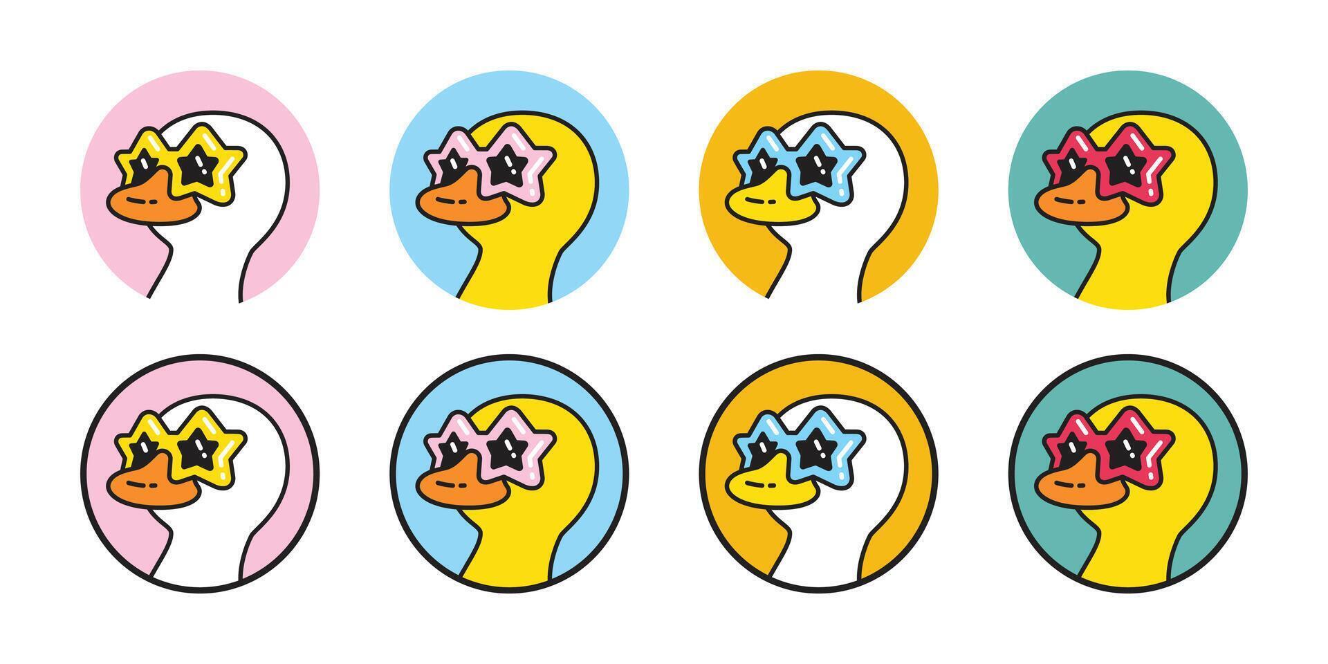 duck star sunglasses icon fancy cartoon logo character rubber duck bird chicken symbol doodle isolated illustration design vector