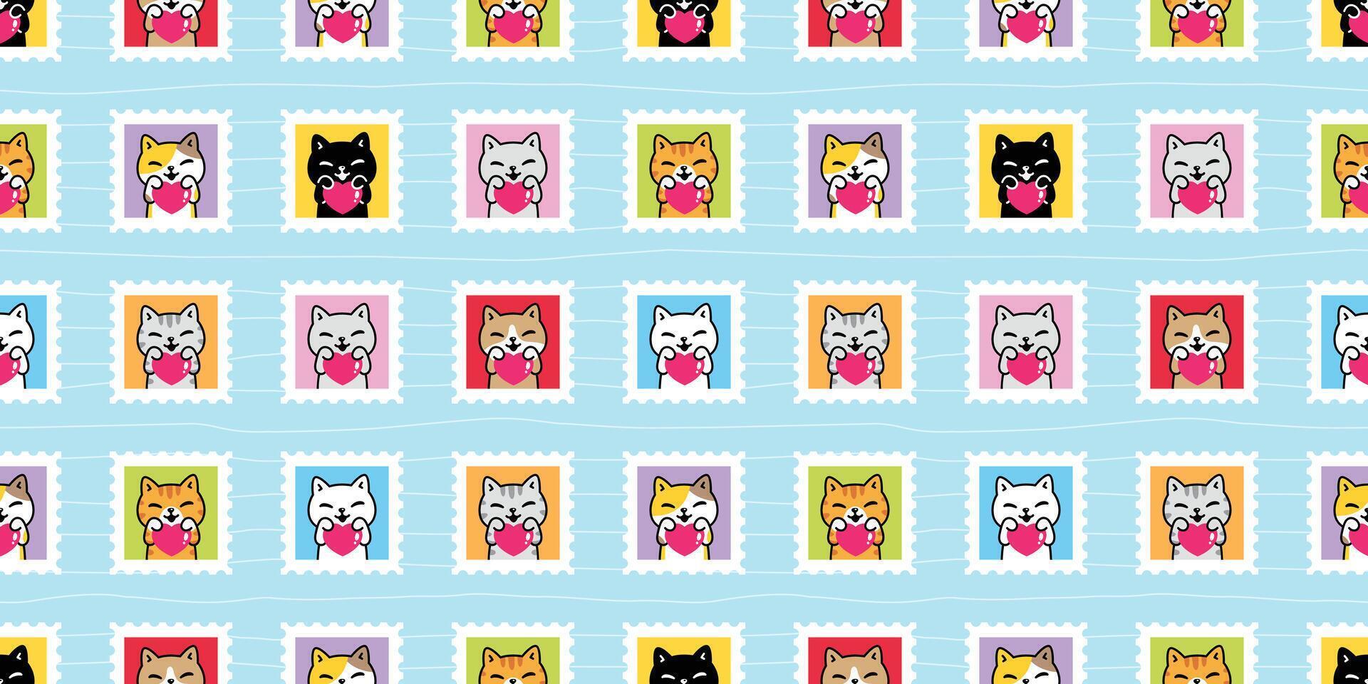 cat seamless pattern heart valentine kitten stamp post mail calico munchkin neko cartoon pet sticker doodle gift wrapping paper tile background repeat wallpaper illustration isolated design vector