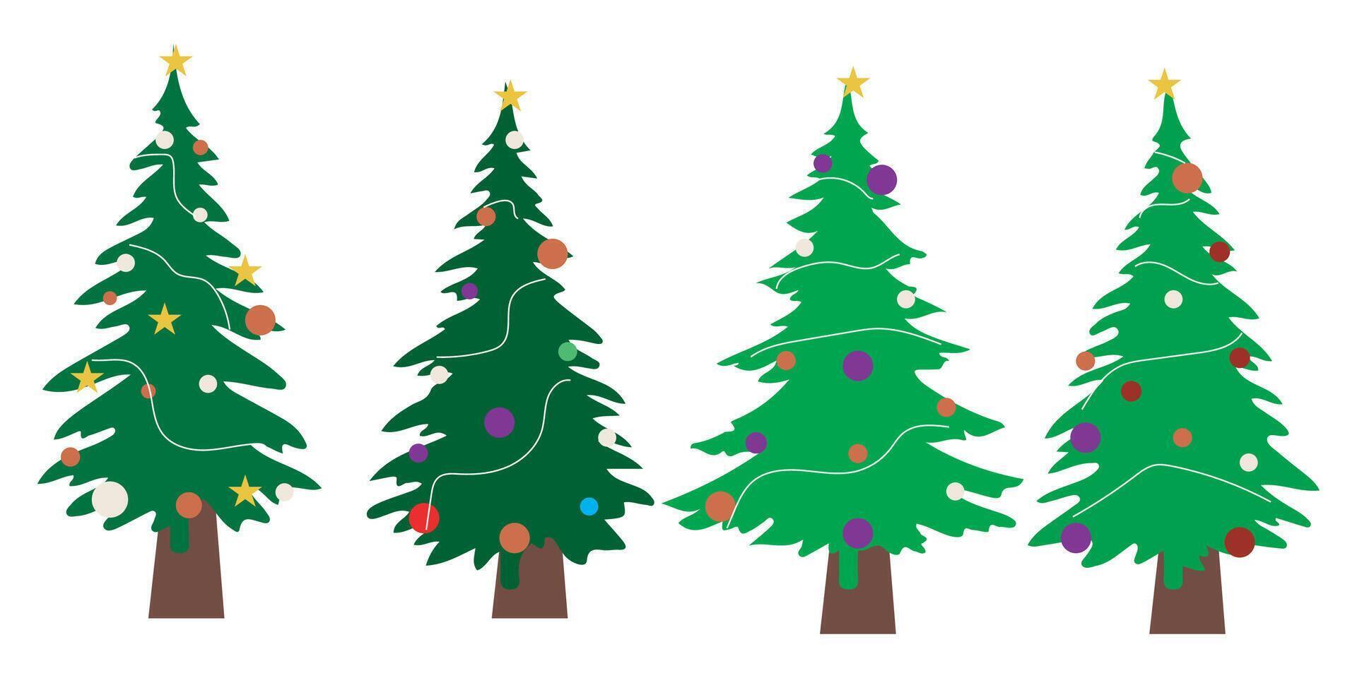 collection of Christmas pine tree elements, Christmas decorations with lights and balls, various decorative lights and decorations with ribbon strings tying the tree vector