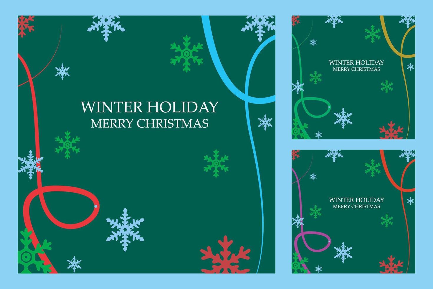 collection of square merry christmas greeting cards with snow and ribbons, various decorative lights and decorations with ribbon strings tied on the design. for design templates for Christmas vector