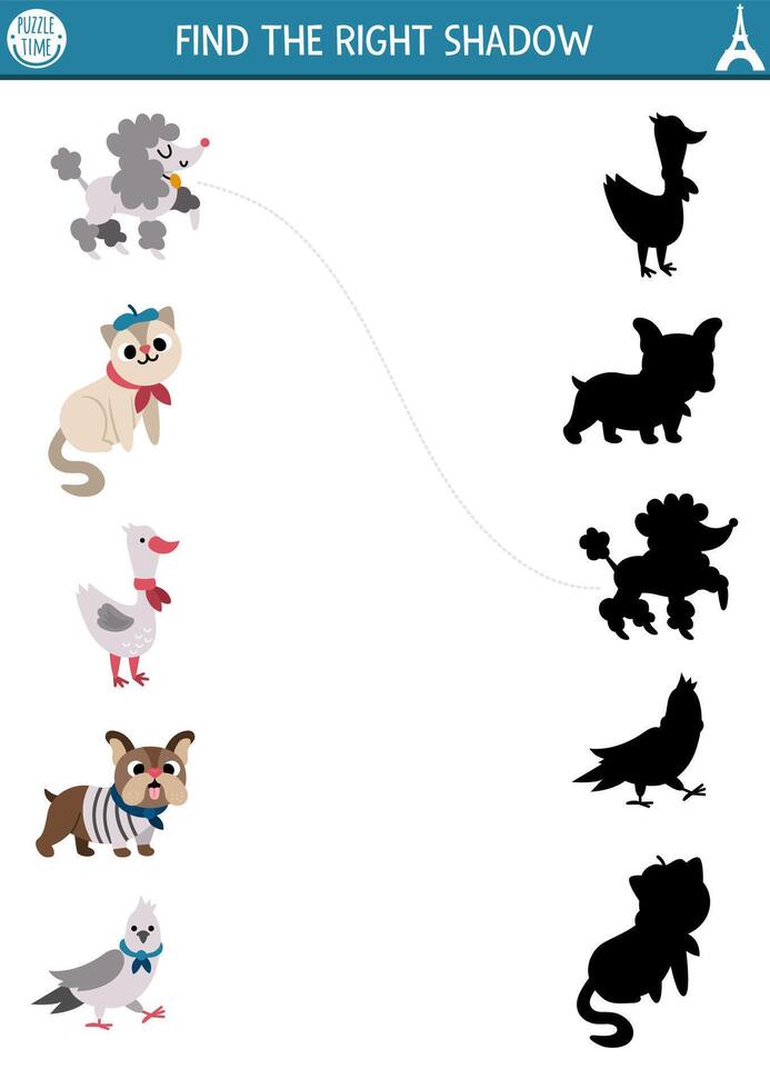 France shadow matching activity. Puzzle with traditional French animals and birds. Find correct silhouette printable worksheet. Funny page for kids with poodle, bulldog, goose, pigeon vector