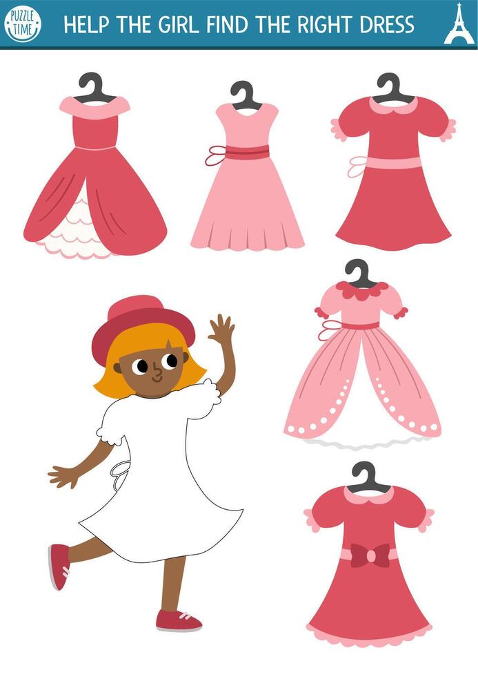 France matching activity. Puzzle with girl in pink dress. Find correct clothes printable worksheet. Funny page for kids with woman in hat and beautiful gown vector