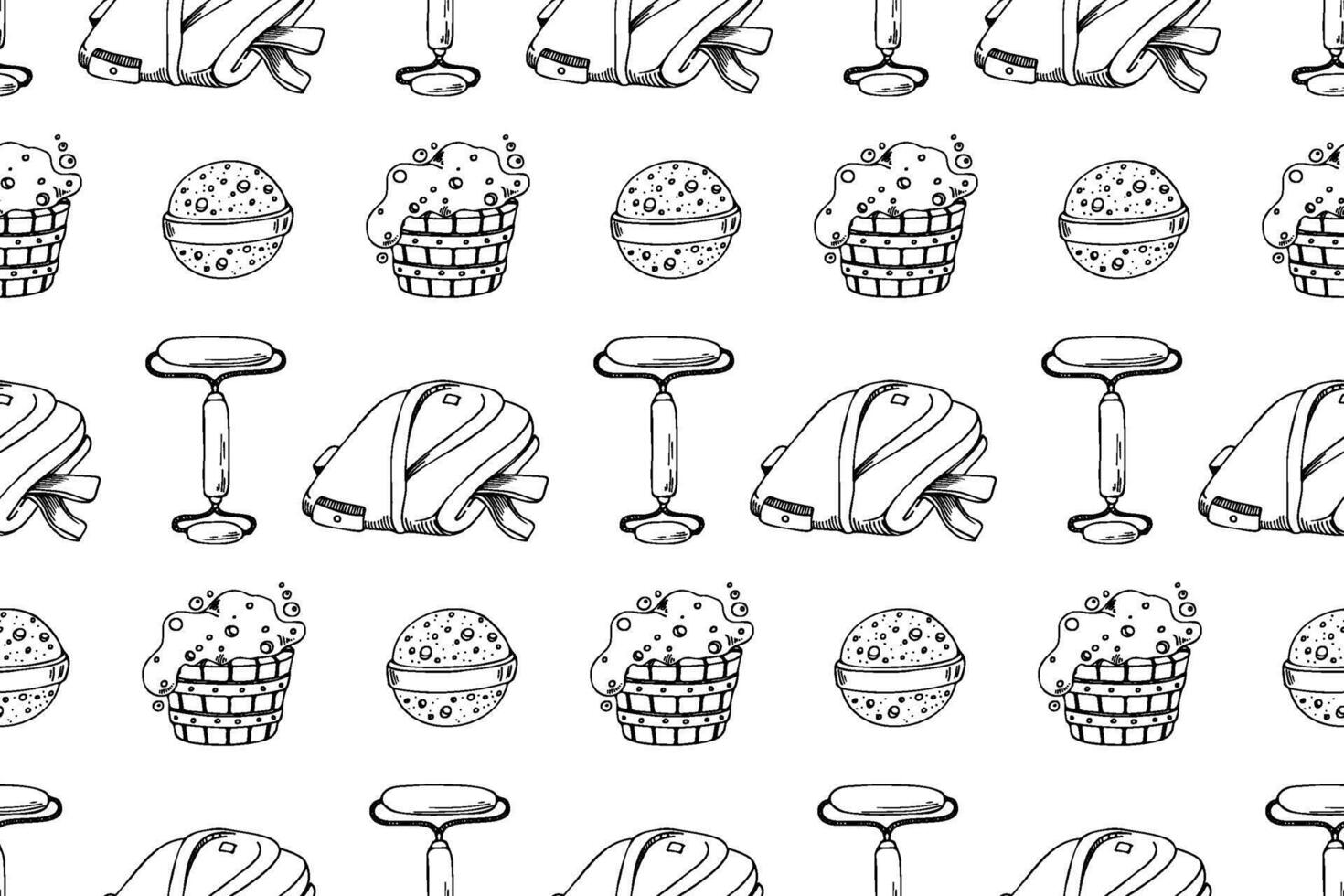 Sauna accessories sketch background. Hand drawn spa elements collection. Doodle sauna seamless pattern on white background. vector