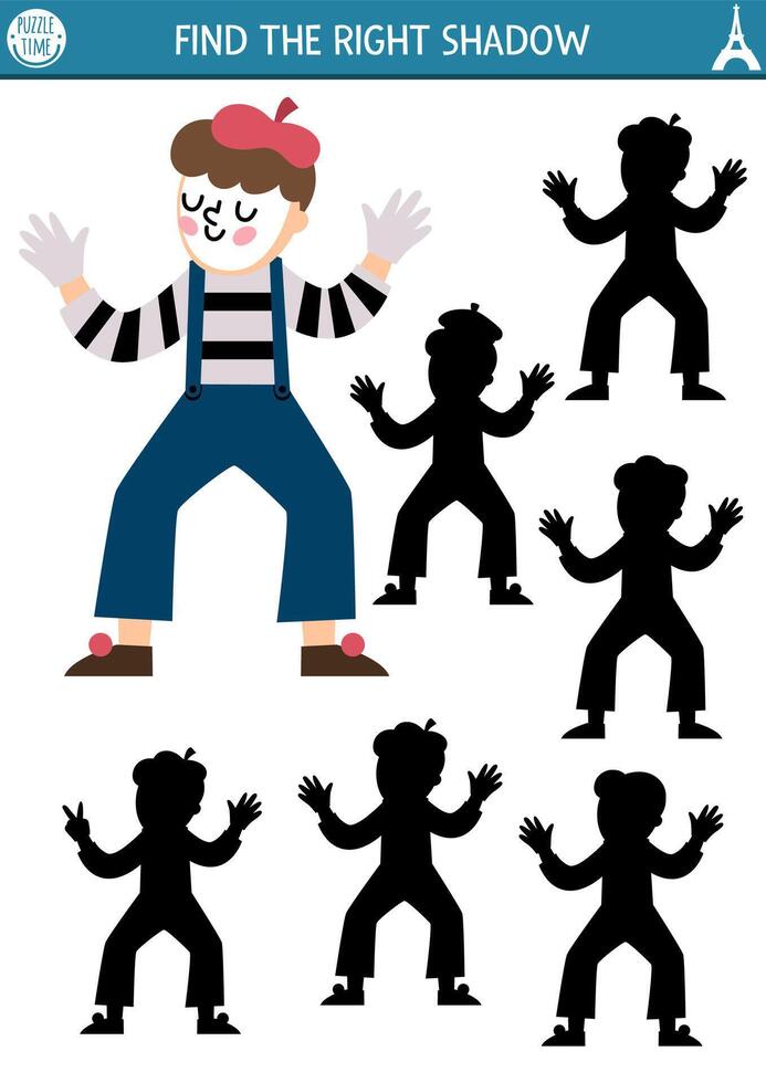 France shadow matching activity. Puzzle with mime in beret and stripy shirt. Find correct silhouette printable worksheet. Funny French page for kids vector
