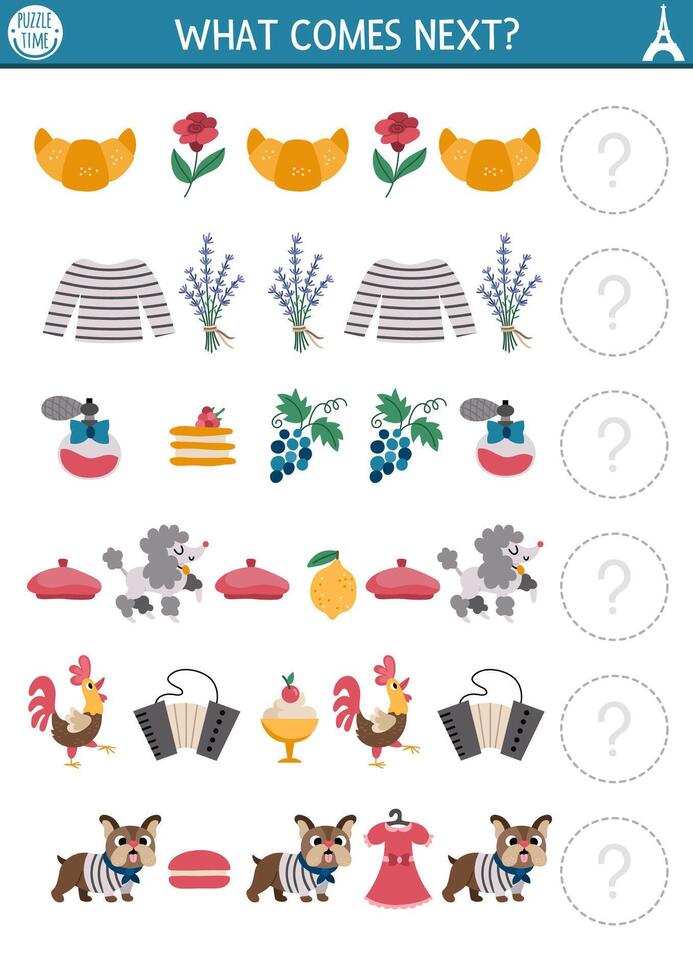 What comes next. France matching activity for preschool children with croissant, lavender, grapes, beret, macaroon, rooster. French themed logical worksheet. Continue the row game vector