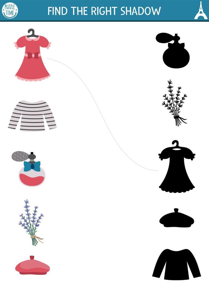 France shadow matching activity. French puzzle with dress, perfume, lavender, beret, stripy shirt. Find correct silhouette printable worksheet. Funny page for kids with traditional symbols vector