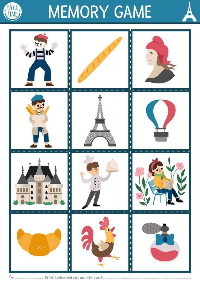 France memory game cards with cute traditional symbols. French matching activity. Remember, find correct card. Simple printable worksheet for kids with mime, baguette, Eiffel Tower vector