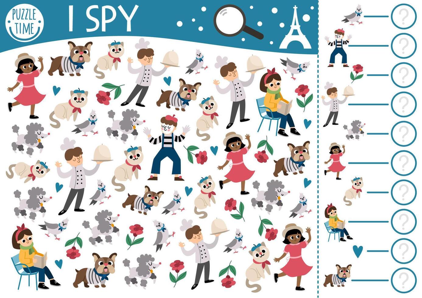 France I spy game for kids. Searching and counting activity with people and animals. French printable worksheet for preschool children. Simple spotting puzzle with chef, mime, rose, girl, dog vector