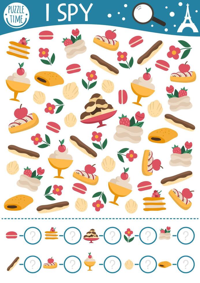 France I spy game for kids. Searching and counting activity with traditional French desserts. Printable worksheet for preschool children. Simple spotting puzzle with macaroon, mousse, eclair vector