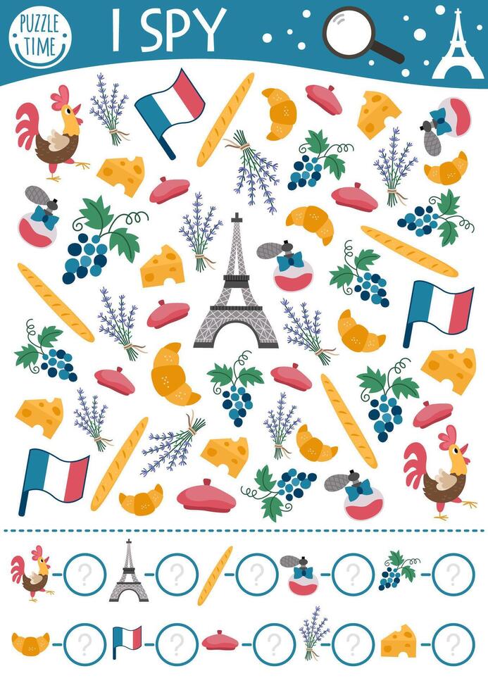 France I spy game for kids. Searching and counting activity with traditional symbols. French printable worksheet for preschool children. Simple spotting puzzle with Eiffel Tower, baguette, beret vector