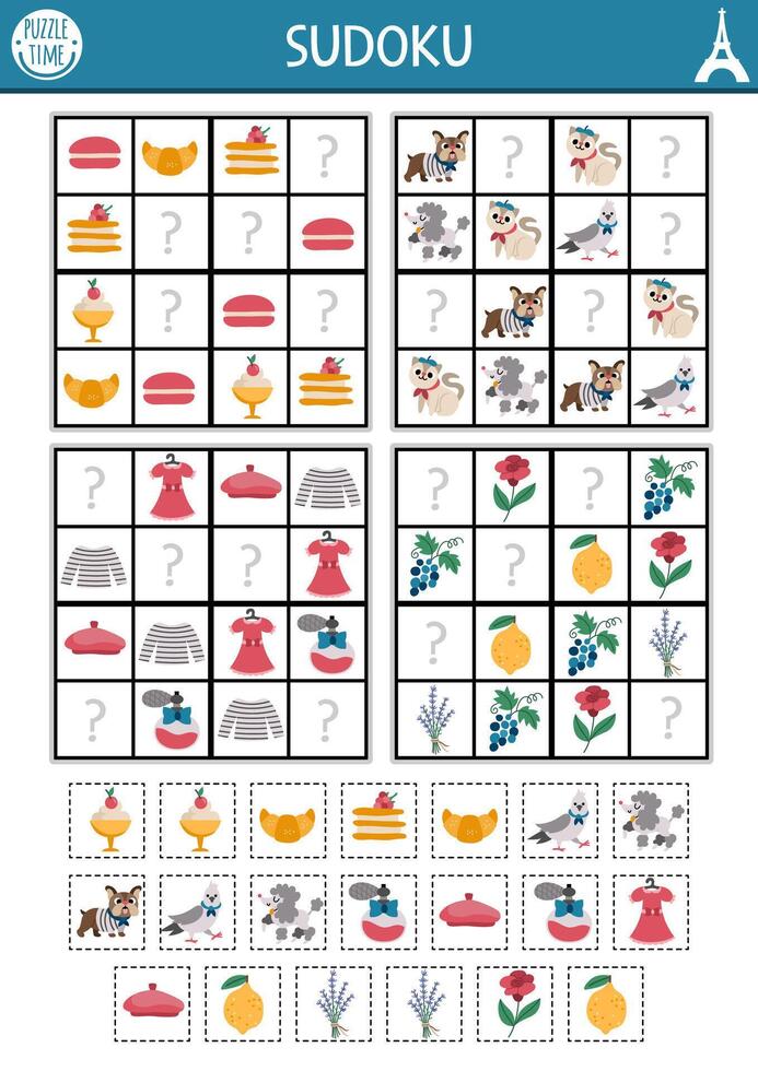 France sudoku puzzle for kids with pictures. Simple French quiz with cut and glue elements. Education activity or coloring page with macaroon, beret, dogs. Draw missing objects vector