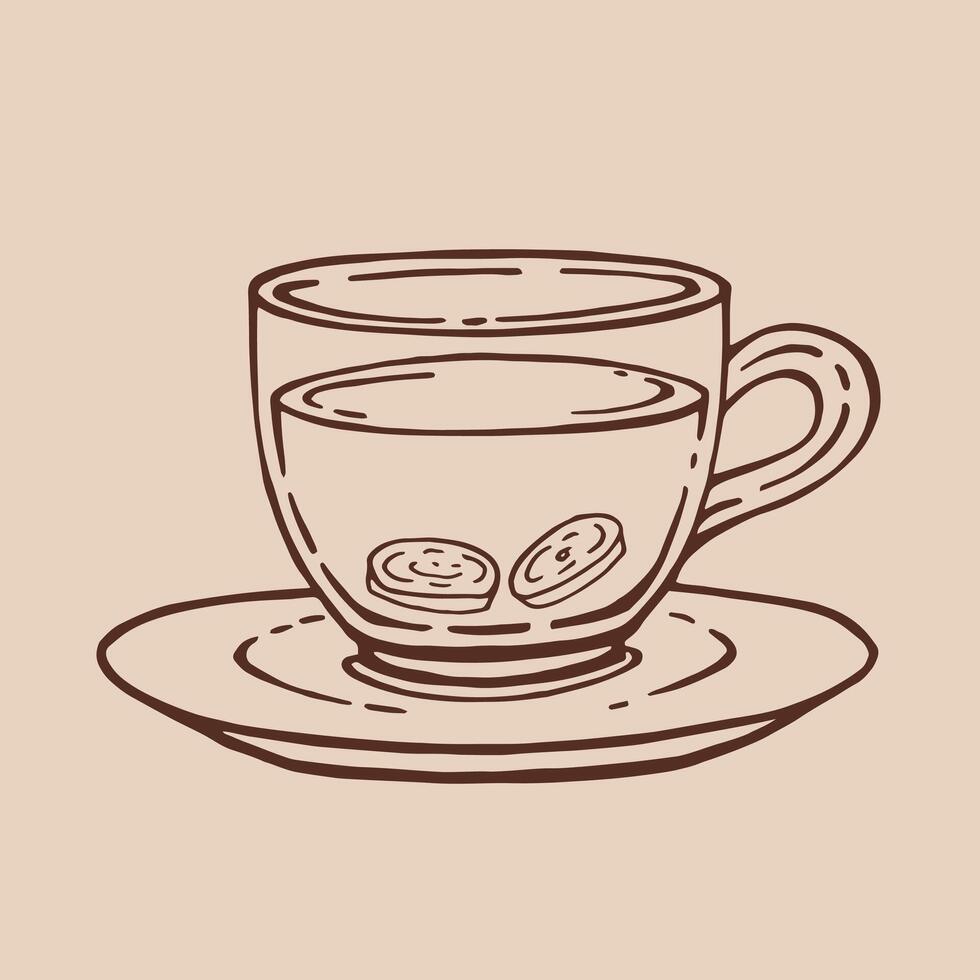 Cup of tea with ginger. Hand drawn illustration in outline style. vector