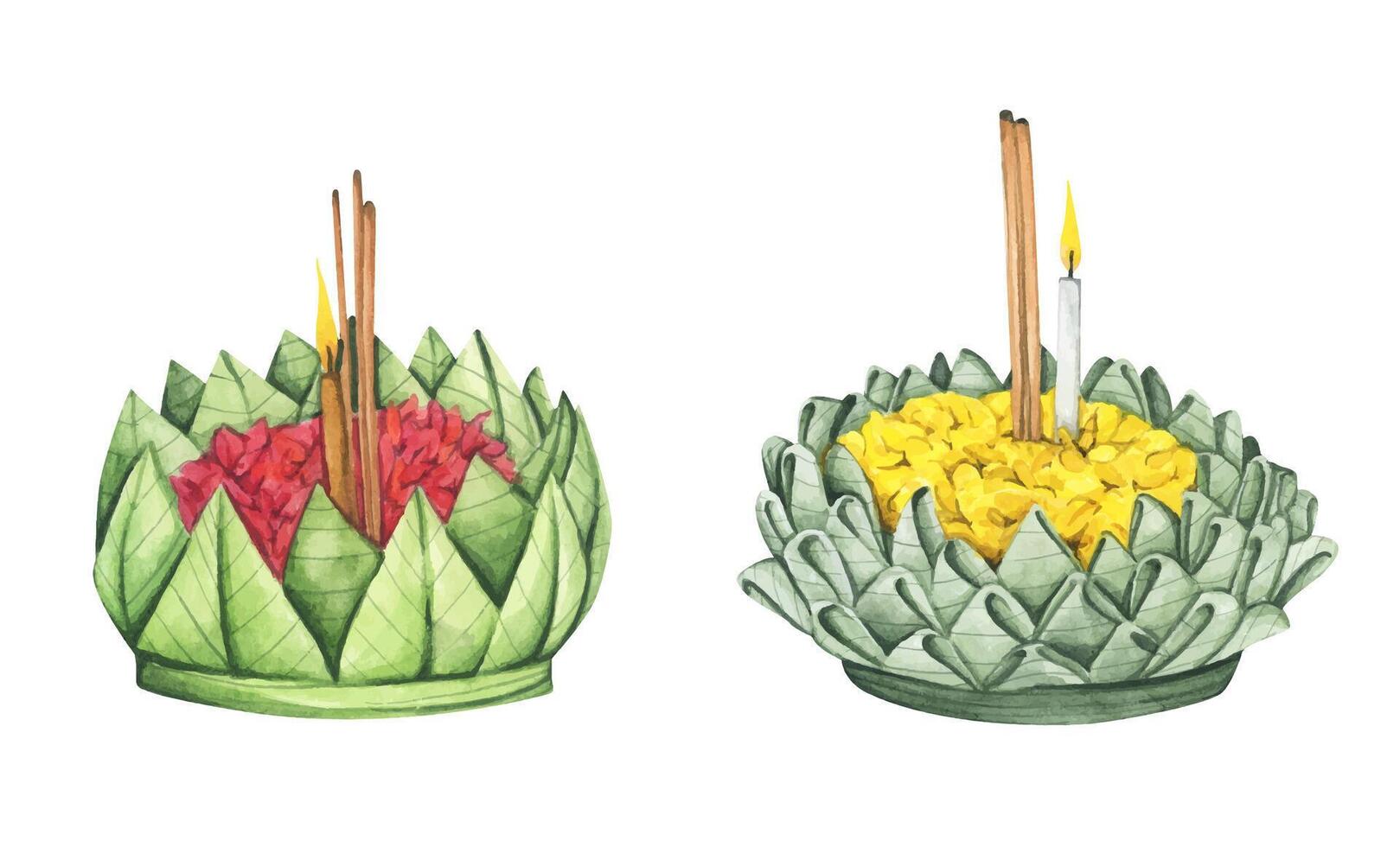 Set of krathong. Watercolor illustration element. vector