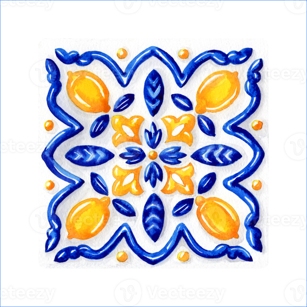 Square Tile with Lemons. Glazed image technique png