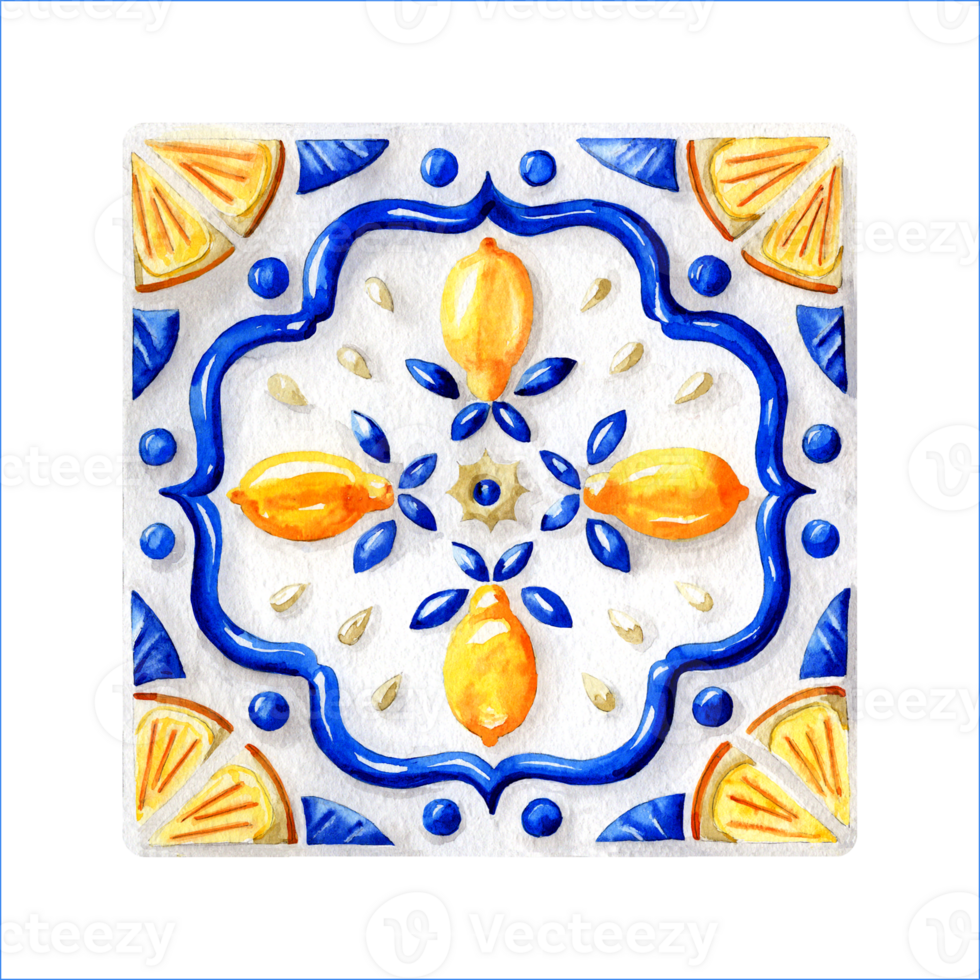 Glazed Tile with Lemons. Square composition with whole Lemons and Slices of png