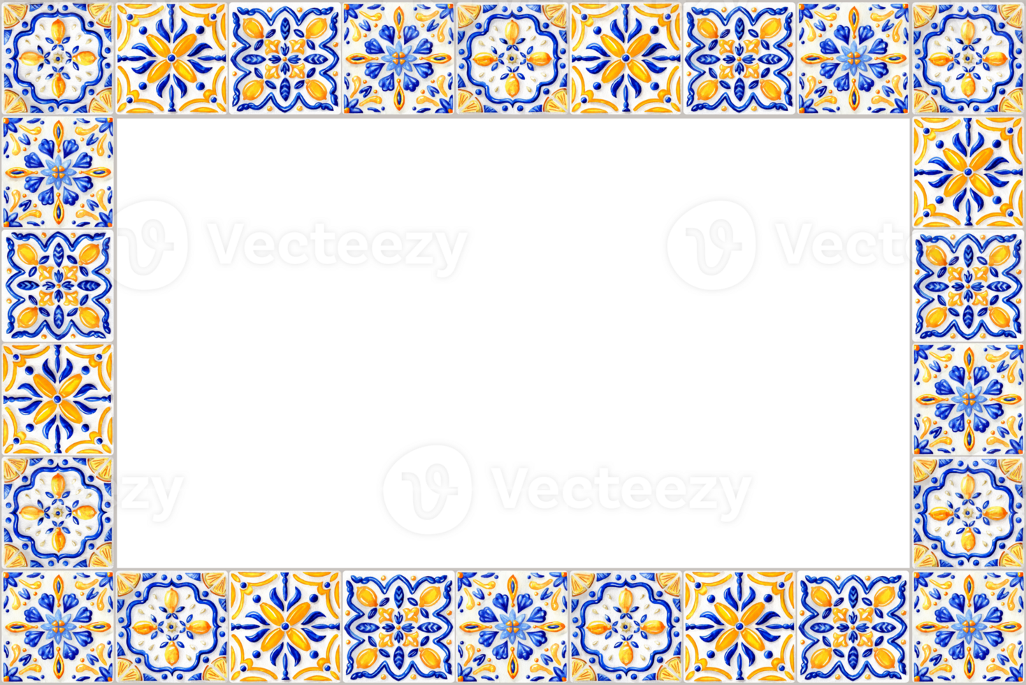 Rectangular horizontal frame with Traditional Italian, Greece Tiles in Aquarelle technique png