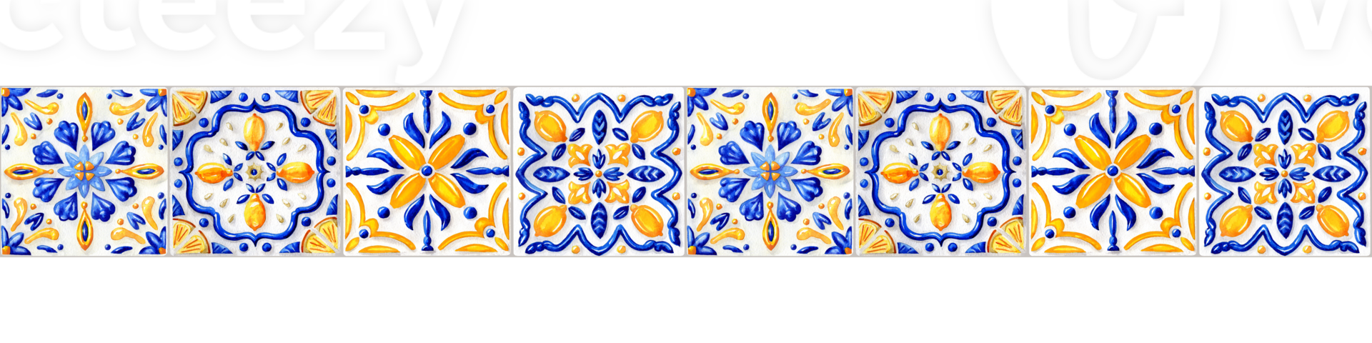 Long Border with different glased Tiles in aquarelle Technique png