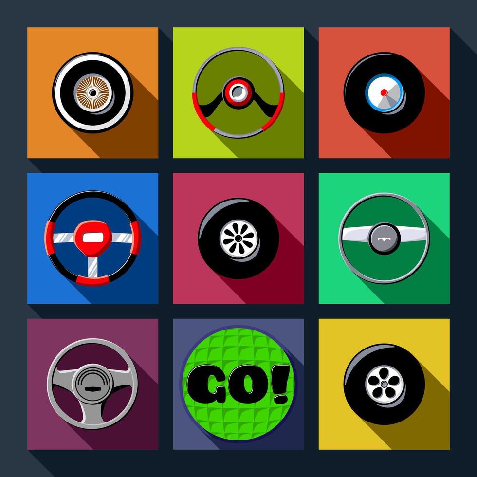 Set of automotive long shadow flat icons vector