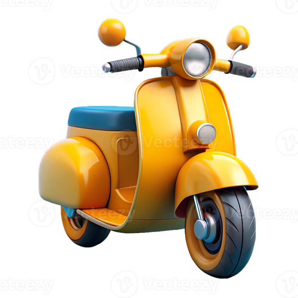 3D animated yellow Scooter with a blue seat, isolated on a transparent background png