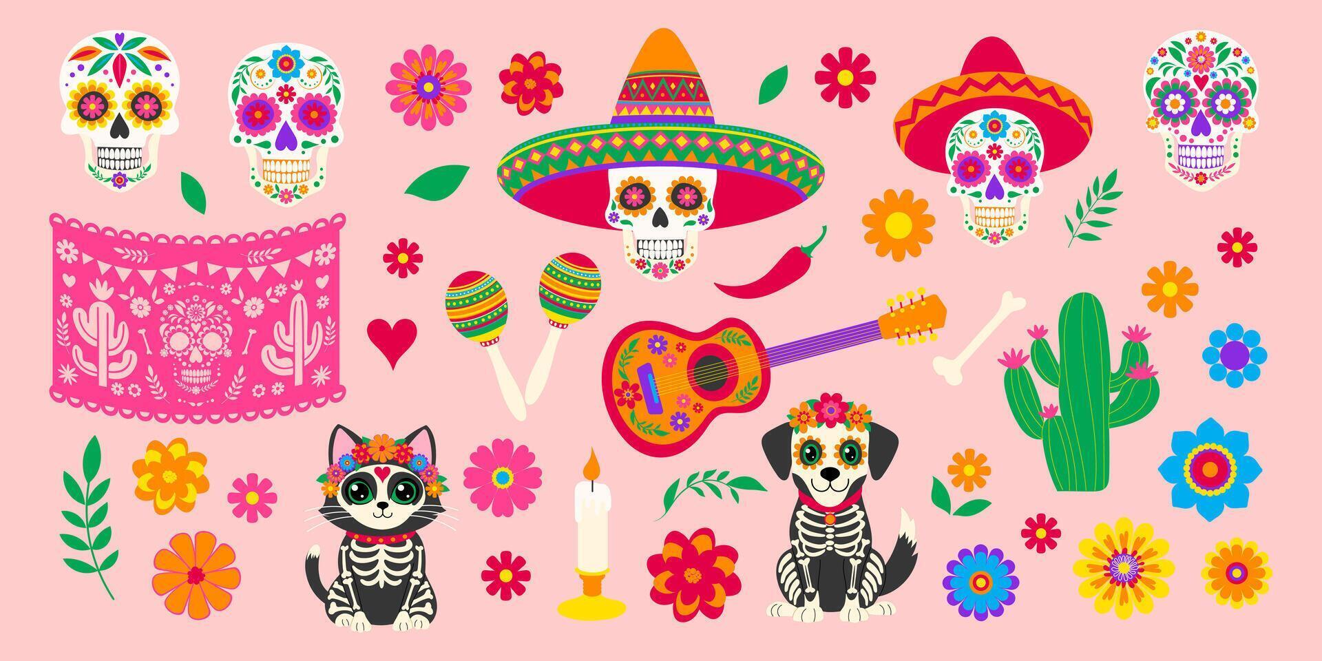 A colorful image of skulls, flowers, and a sombrero. The image is a representation of Mexican culture and the idea is to celebrate the Day of the Dead vector
