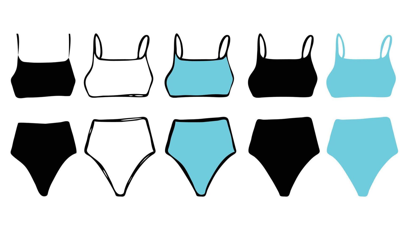 Casual fashion. Woman underwear set. Casual bra top and high-waist bottom. Doodle icons isolated on a white background. Front, black and cyan vector