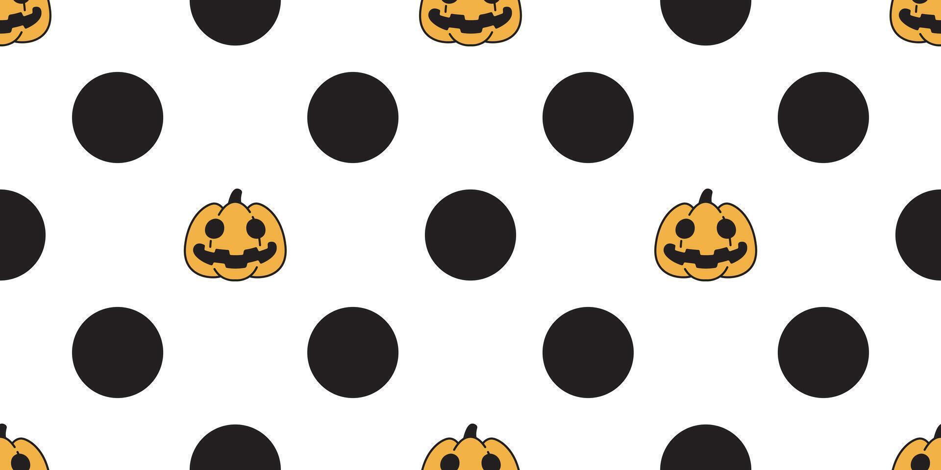 halloween pumpkin seamless pattern smile face polka dot doodle cartoon character tile background gift wrapping paper repeat wallpaper scarf isolated vector