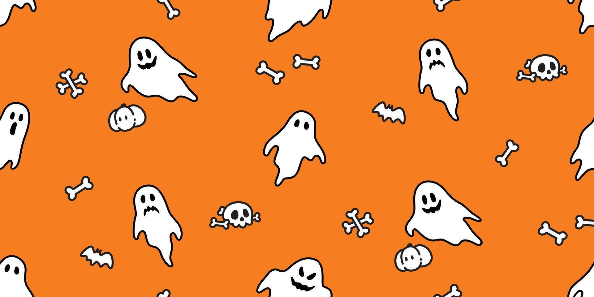 Halloween seamless pattern Ghost spooky pumpkin head skull crossbones bone bat cartoon gift wrapping paper tile background repeat wallpaper scarf isolated devil evil illustration doodle design vector