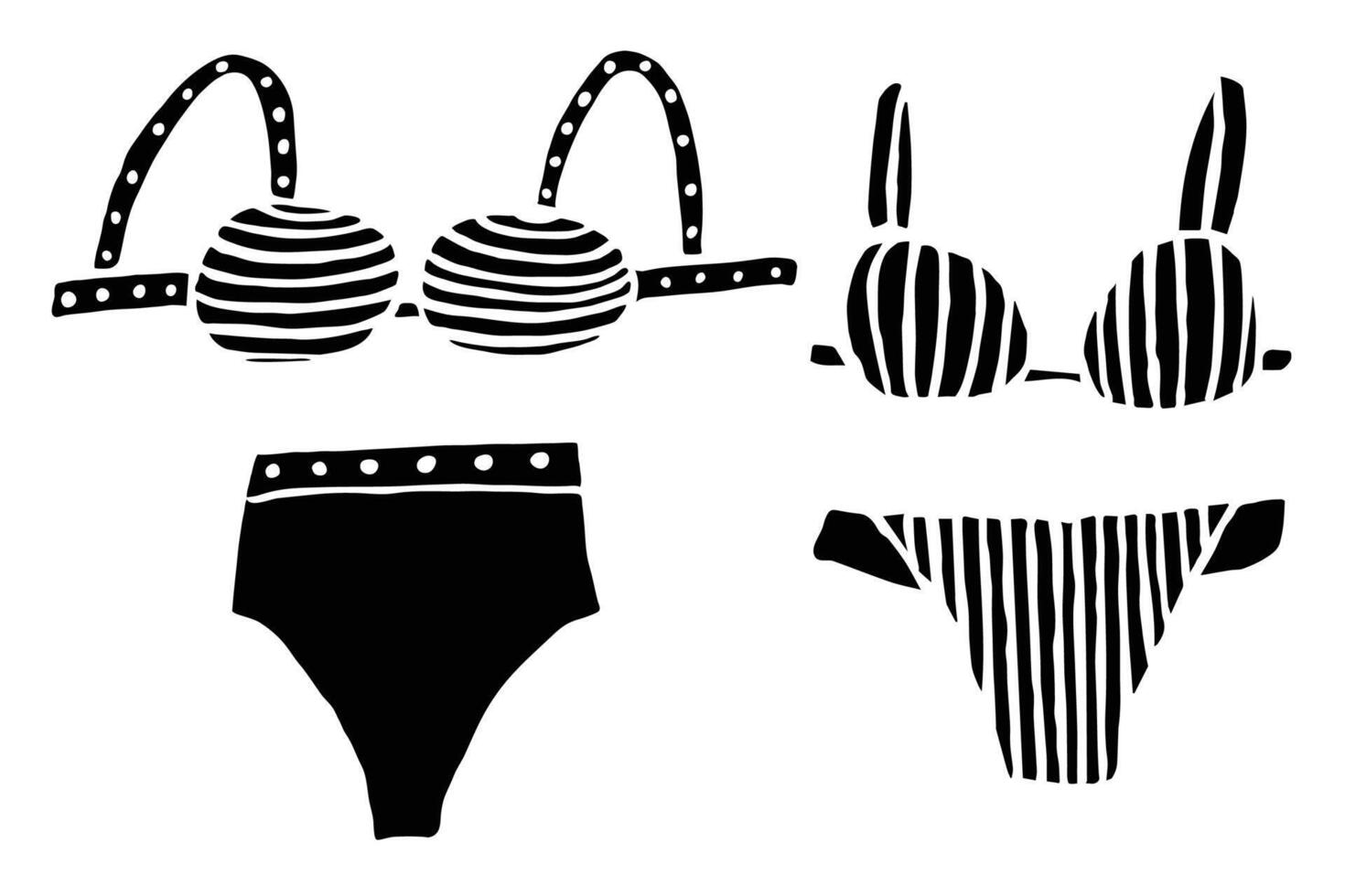 Underwear, swimsuit, lined print. Black and white fashion icons. Isolated on a white background. vector