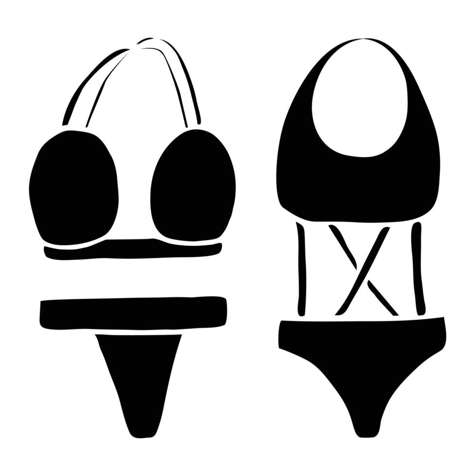 Swimsuit icons. Creative one-stripe elements. Fashion summer-themed clip art. Front, black color, isolated on a white background. vector