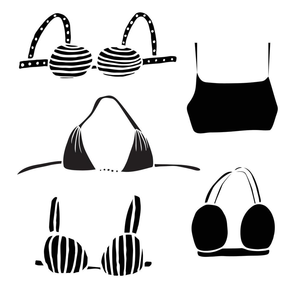 Various bra top icon set. Fashion clothes clip art. Black silhouettes on a white background. Woman underwear vector