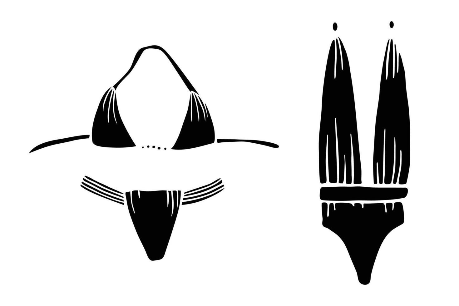 Glamorous Swimsuit Icon Set. Fashion doodle clip art. Front, black color. Isolated on a white background vector